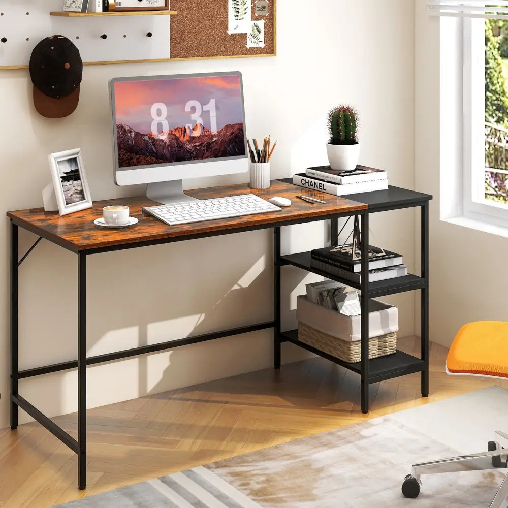 55 Inch Modern Industrial Style Study Writing Desk with 2 Storage Shelves-Brown - Rustic Brown - Computer Desks