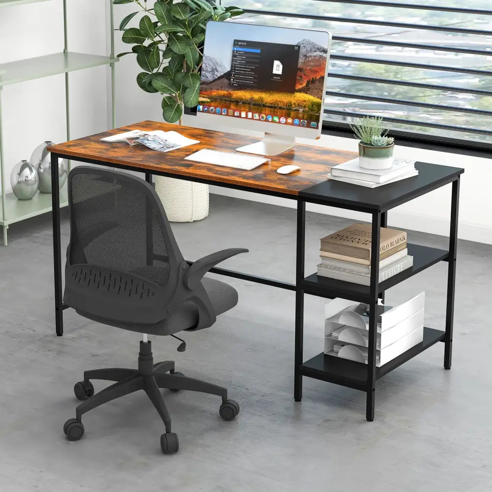 55 Inch Modern Industrial Style Study Writing Desk with 2 Storage Shelves-Brown - Rustic Brown - Computer Desks