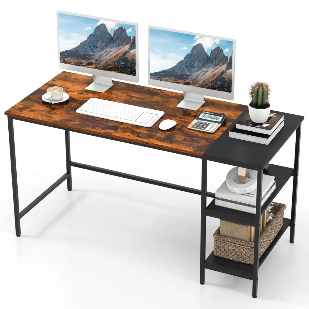 55 Inch Modern Industrial Style Study Writing Desk with 2 Storage Shelves-Brown - Rustic Brown - Computer Desks