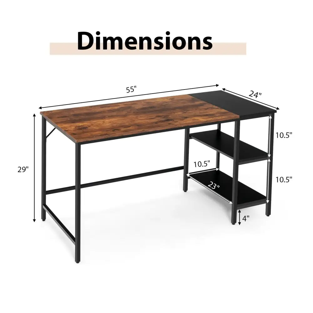 55 Inch Modern Industrial Style Study Writing Desk with 2 Storage Shelves-Brown - Rustic Brown - Computer Desks