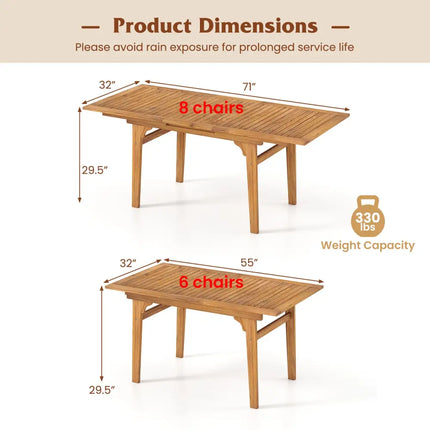 55 Inch Patio Dining Table Expandable for 6-8 People with Umbrella Hole - Natural - Patio Dining Tables