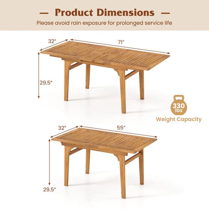 55 Inch Patio Dining Table Expandable for 6-8 People with Umbrella Hole - Natural - Patio Dining Tables