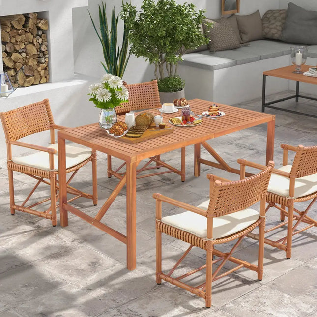 55 Inch Patio Rectangular Acacia Wood Dining Table with Umbrella Hole - Natural - Patio Dining Tables