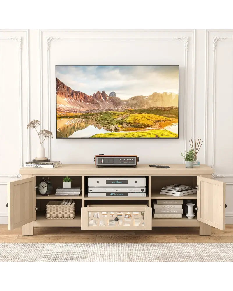 55 Inch Retro TV Stand Media Entertainment Center with Mirror Doors and Drawer-Natural - Natural - Entertainment