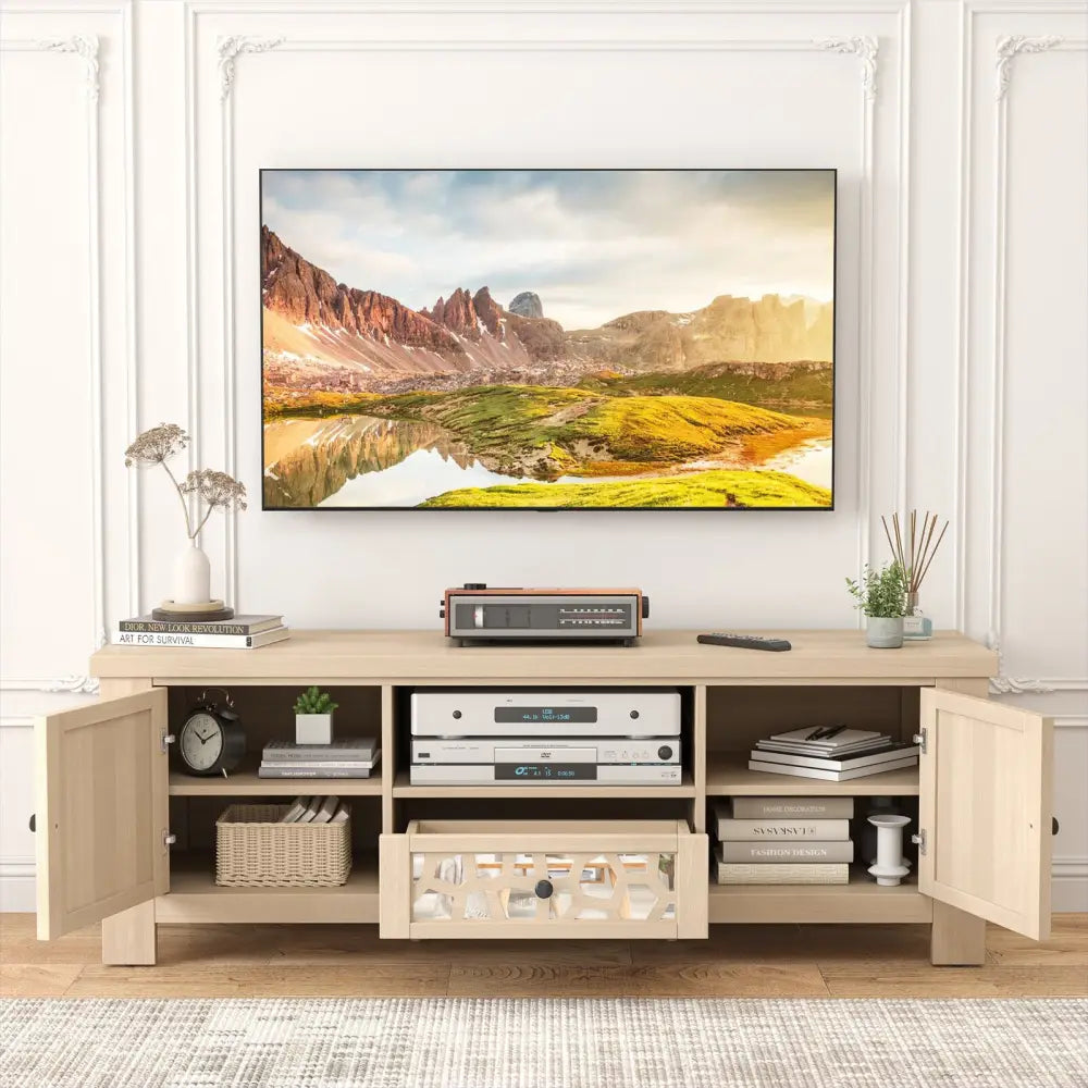 55 Inch Retro TV Stand Media Entertainment Center with Mirror Doors and Drawer-Natural - Natural - Entertainment