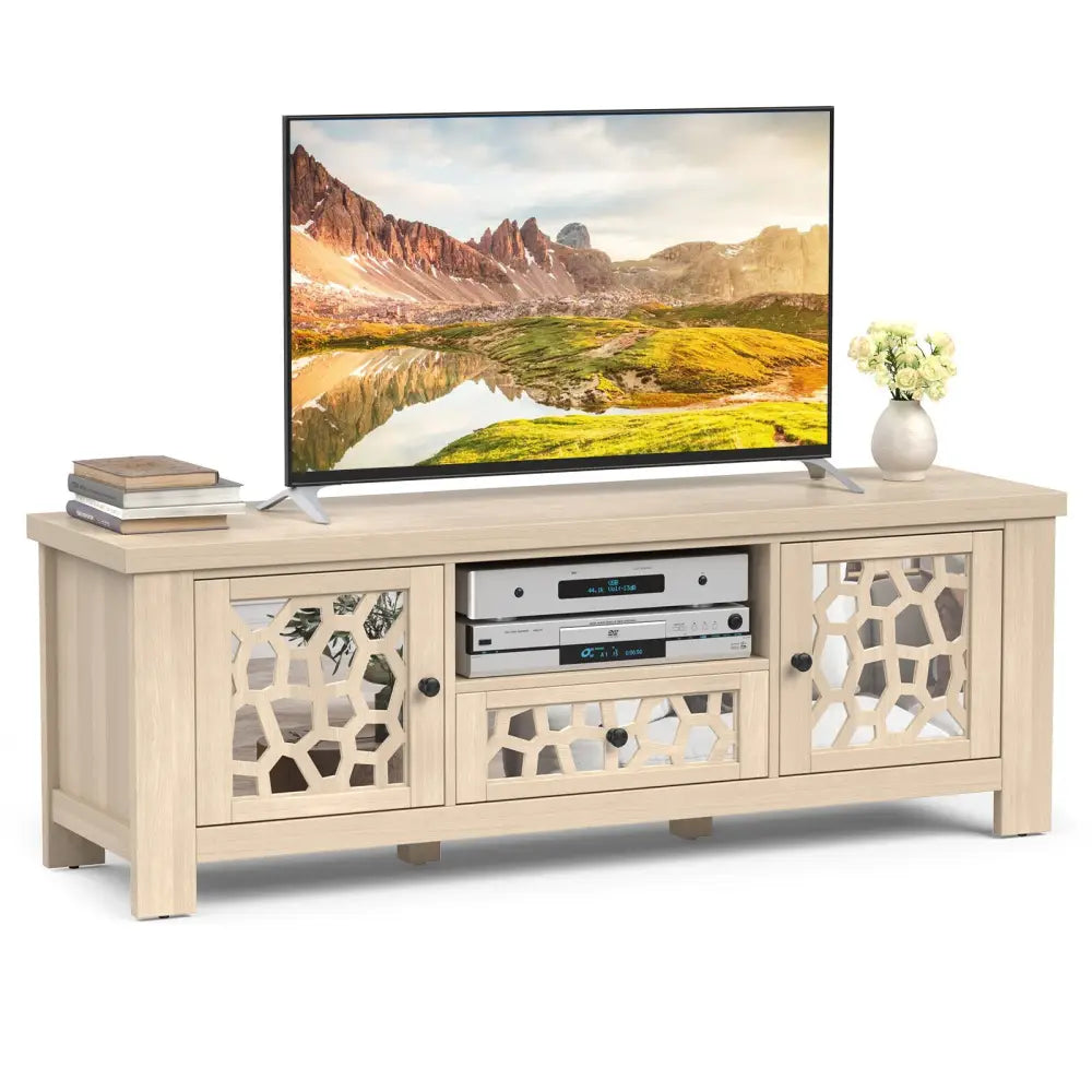 55 Inch Retro TV Stand Media Entertainment Center with Mirror Doors and Drawer-Natural - Natural - Entertainment