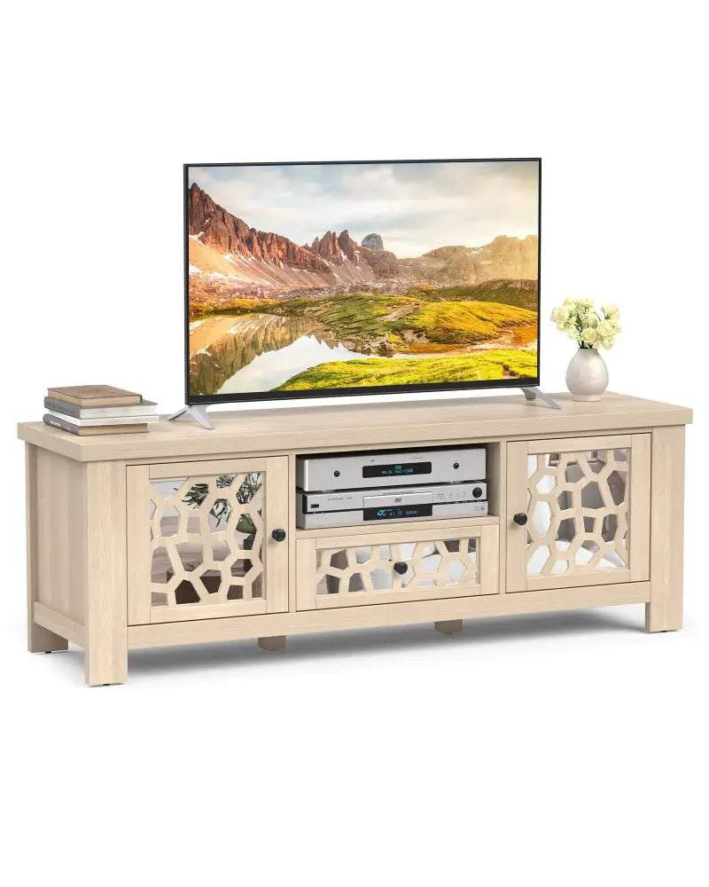 55 Inch Retro TV Stand Media Entertainment Center with Mirror Doors and Drawer-Natural - Natural - Entertainment