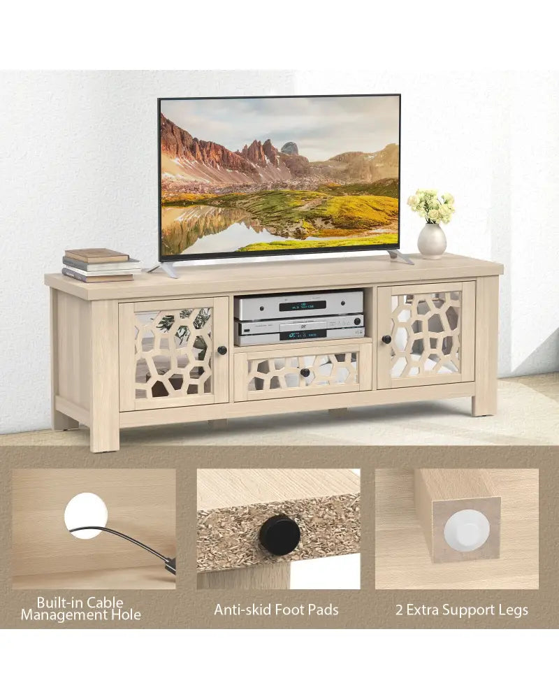 55 Inch Retro TV Stand Media Entertainment Center with Mirror Doors and Drawer-Natural - Natural - Entertainment