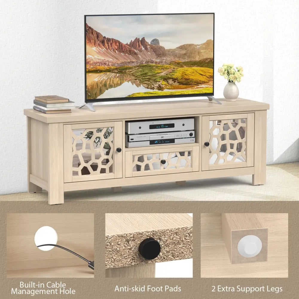 55 Inch Retro TV Stand Media Entertainment Center with Mirror Doors and Drawer-Natural - Natural - Entertainment