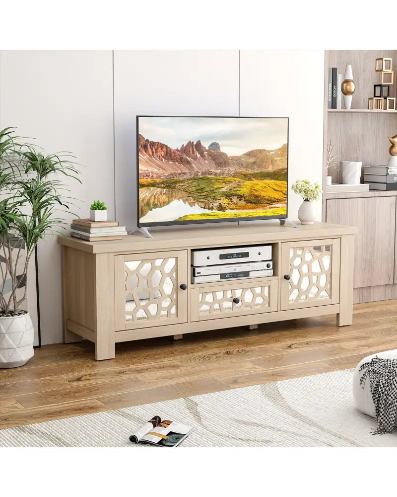 55 Inch Retro TV Stand Media Entertainment Center with Mirror Doors and Drawer-Natural - Natural - Entertainment