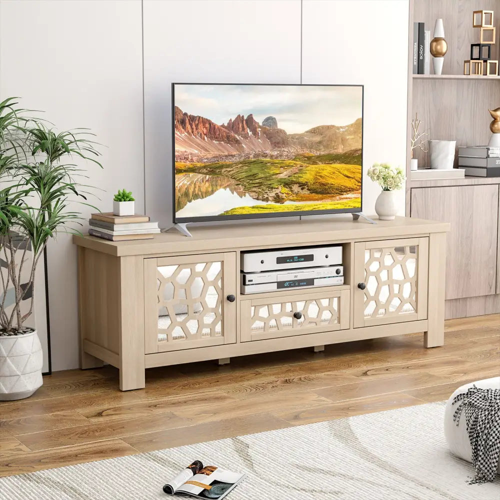 55 Inch Retro TV Stand Media Entertainment Center with Mirror Doors and Drawer-Natural - Natural - Entertainment