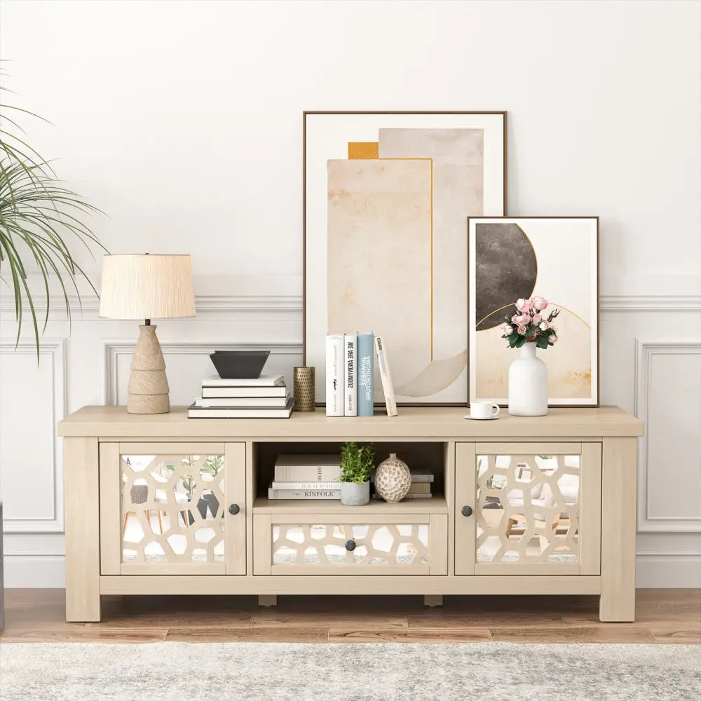 55 Inch Retro TV Stand Media Entertainment Center with Mirror Doors and Drawer-Natural - Natural - Entertainment