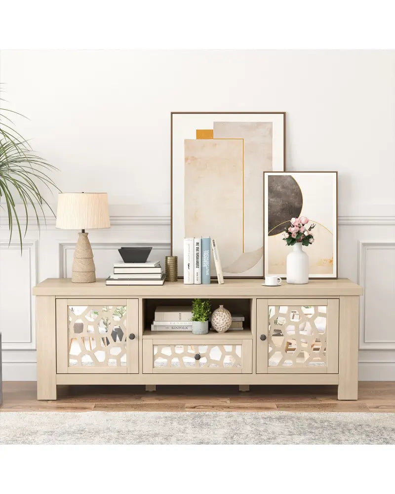 55 Inch Retro TV Stand Media Entertainment Center with Mirror Doors and Drawer-Natural - Natural - Entertainment