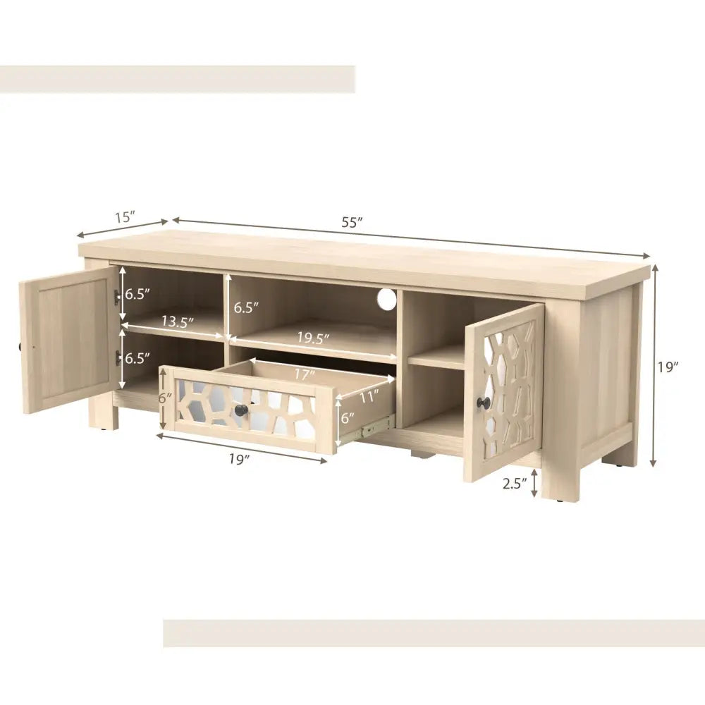 55 Inch Retro TV Stand Media Entertainment Center with Mirror Doors and Drawer-Natural - Natural - Entertainment