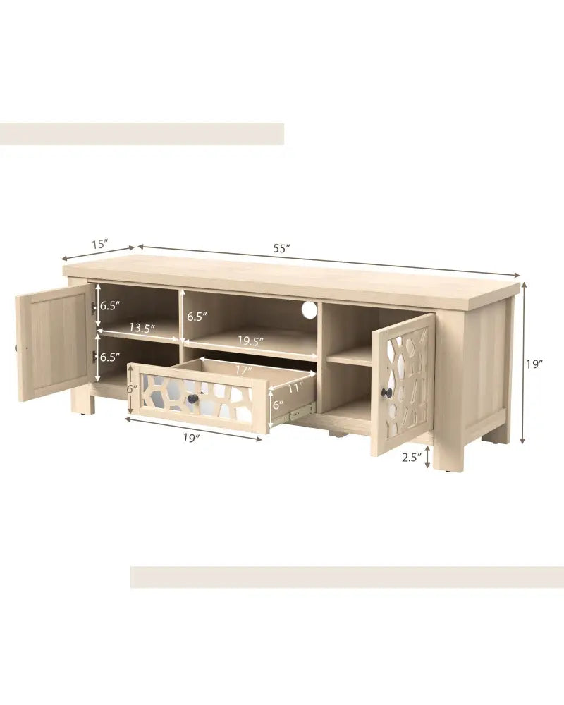 55 Inch Retro TV Stand Media Entertainment Center with Mirror Doors and Drawer-Natural - Natural - Entertainment