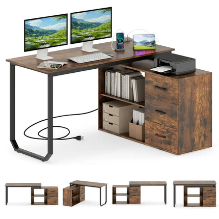 55 Inch Reversible L Shaped Desk with 3 Drawers Home Office Desk with Adjustable Shelf-Rustic Brown Costway