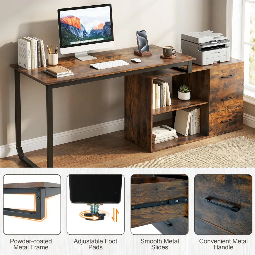 55 Inch Reversible L Shaped Desk with 3 Drawers Home Office Desk with Adjustable Shelf-Rustic Brown - Rustic Brown