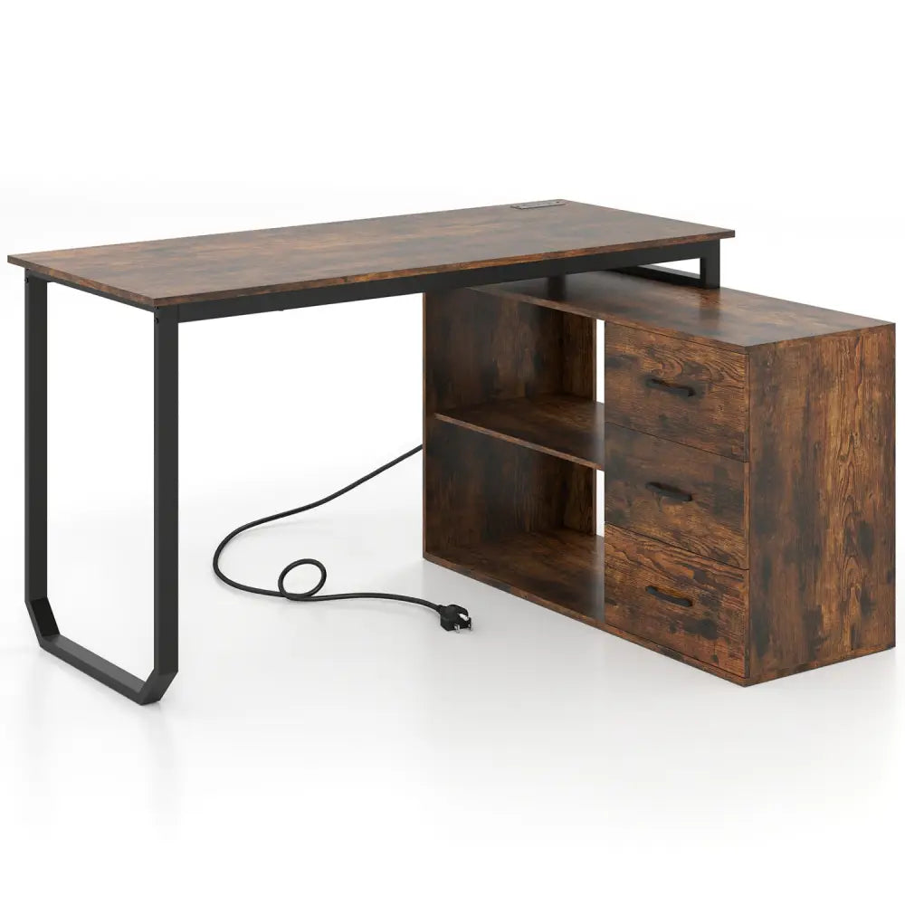 55 Inch Reversible L Shaped Desk with 3 Drawers Home Office Desk with Adjustable Shelf-Rustic Brown - Rustic Brown