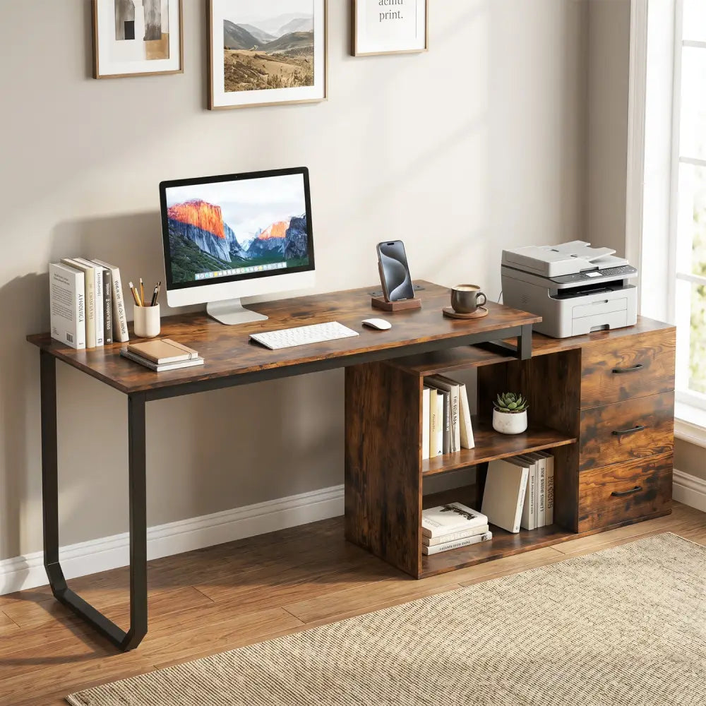 55 Inch Reversible L Shaped Desk with 3 Drawers Home Office Desk with Adjustable Shelf-Rustic Brown - Rustic Brown
