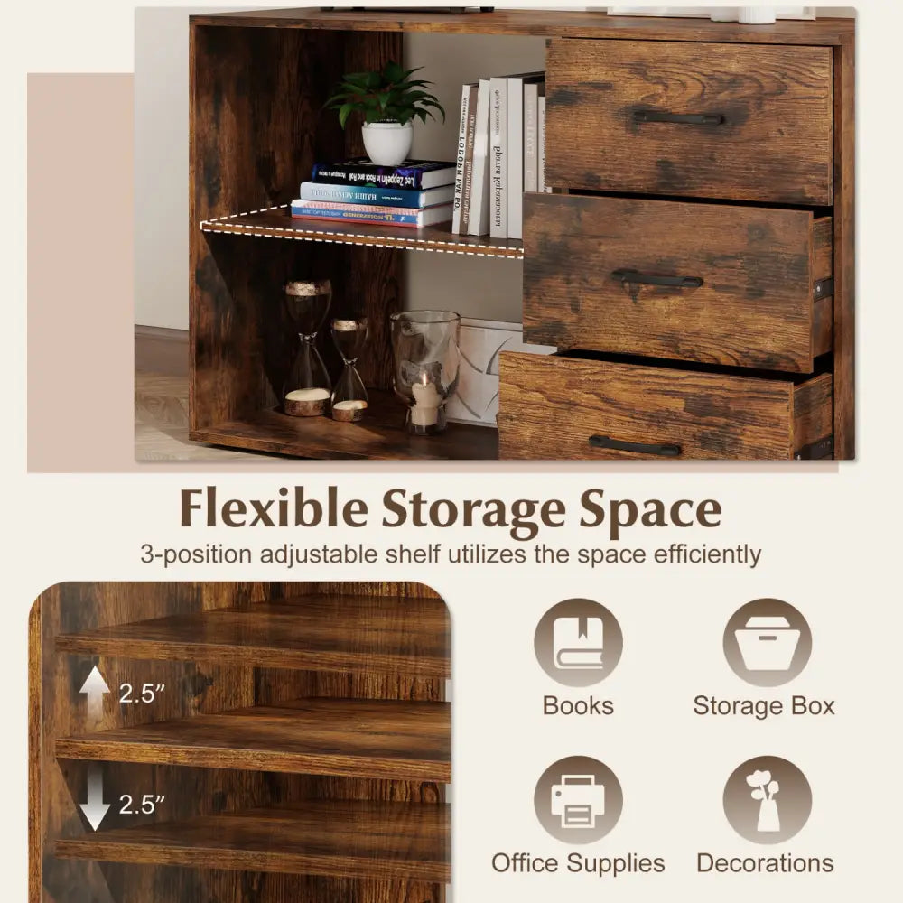 55 Inch Reversible L Shaped Desk with 3 Drawers Home Office Desk with Adjustable Shelf-Rustic Brown - Rustic Brown