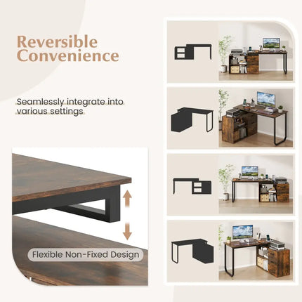 55 Inch Reversible L Shaped Desk with 3 Drawers Home Office Desk with Adjustable Shelf-Rustic Brown Costway