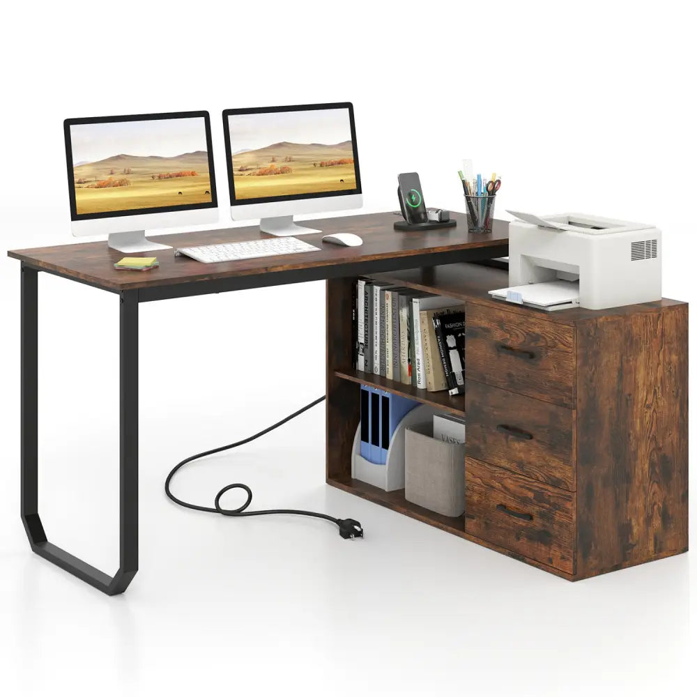55 Inch Reversible L Shaped Desk with 3 Drawers Home Office Desk with Adjustable Shelf-Rustic Brown - Rustic Brown