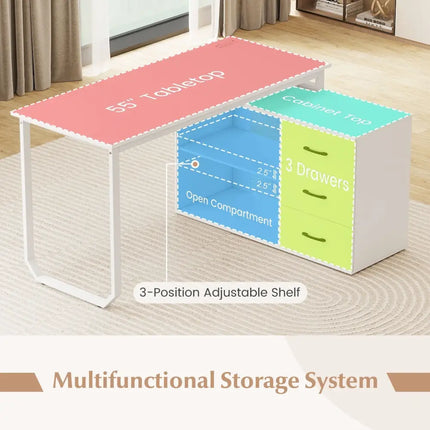 55 Inch Reversible L Shaped Desk with 3 Drawers Home Office Desk with Adjustable Shelf-White Costway