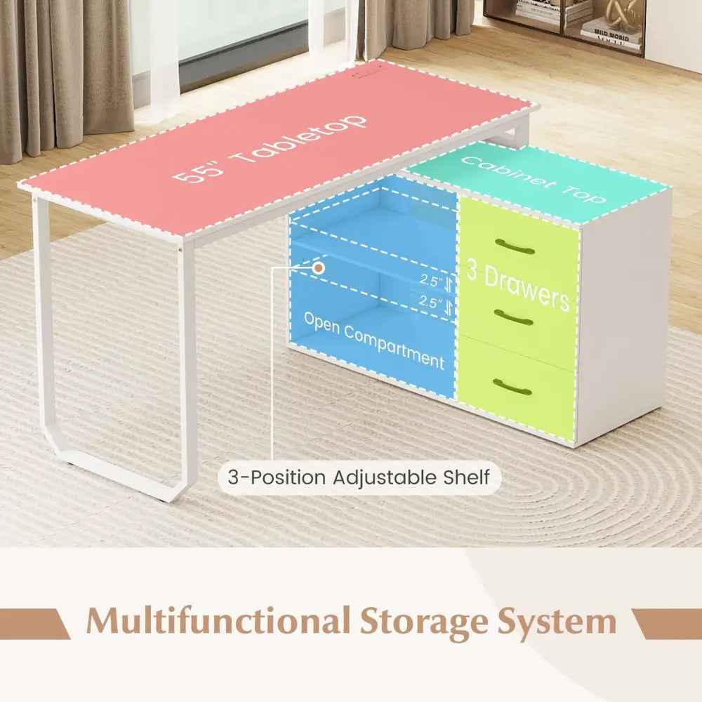 55 Inch Reversible L Shaped Desk with 3 Drawers Home Office Desk with Adjustable Shelf-White Costway
