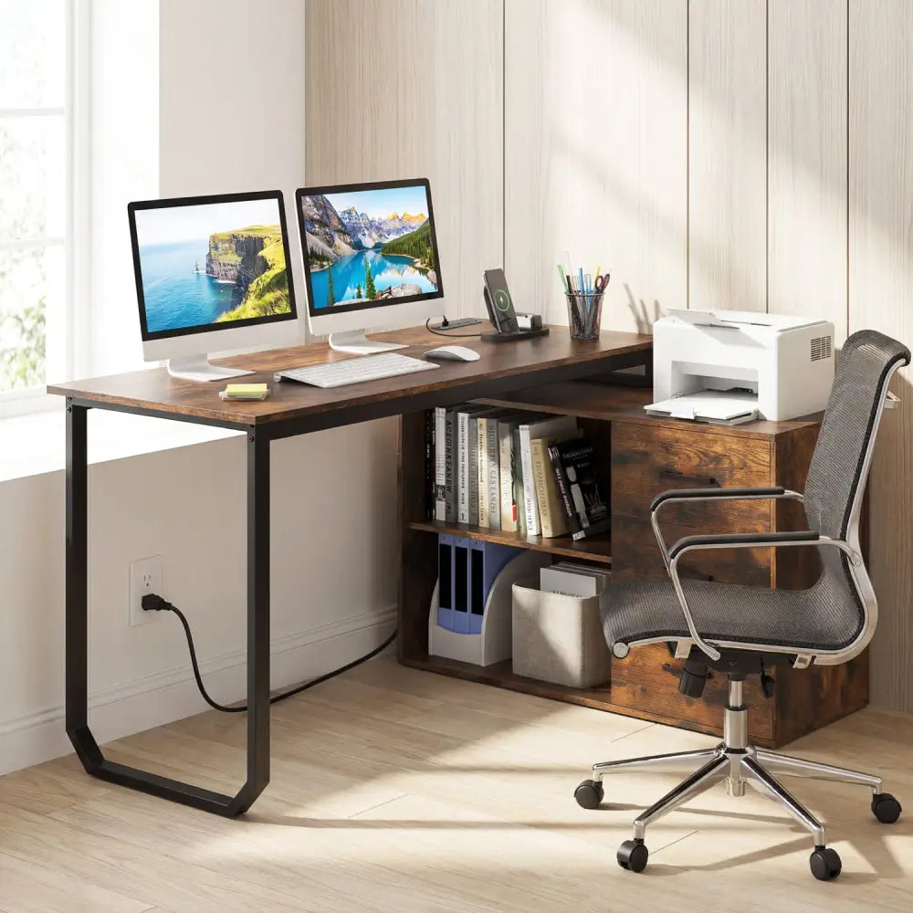 55 Inch Reversible L Shaped Desk with 3 Drawers Home Office Desk with Adjustable Shelf-Rustic Brown - Rustic Brown