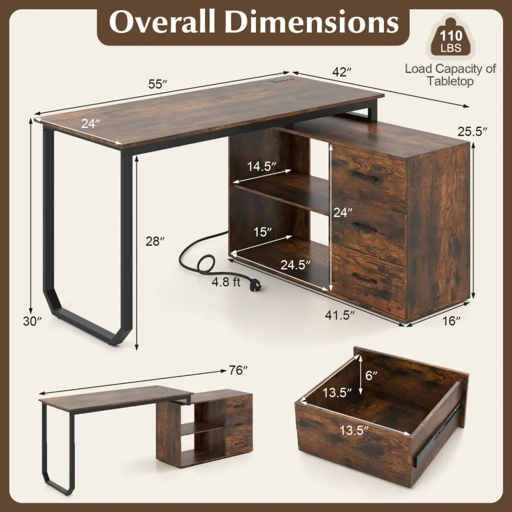 55 Inch Reversible L Shaped Desk with 3 Drawers Home Office Desk with Adjustable Shelf-Rustic Brown - Rustic Brown