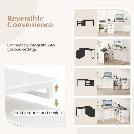 55 Inch Reversible L Shaped Desk with 3 Drawers Home Office Desk with Adjustable Shelf-White Costway