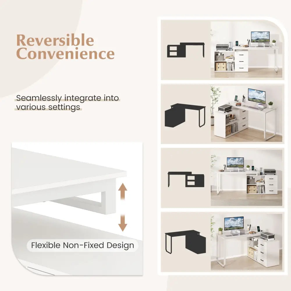55 Inch Reversible L Shaped Desk with 3 Drawers Home Office Desk with Adjustable Shelf-White Costway