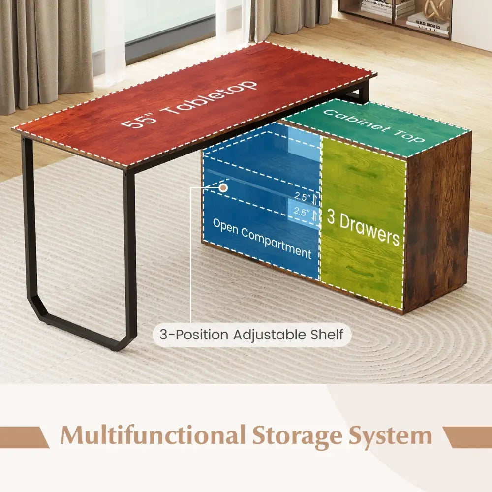 55 Inch Reversible L Shaped Desk with 3 Drawers Home Office Desk with Adjustable Shelf-Rustic Brown Costway