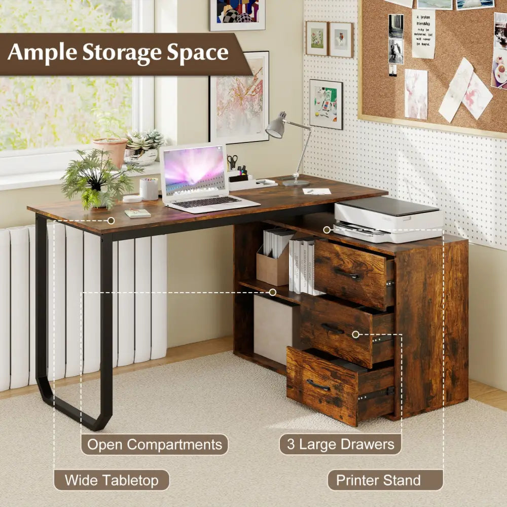 55 Inch Reversible L Shaped Desk with 3 Drawers Home Office Desk with Adjustable Shelf-Rustic Brown - Rustic Brown