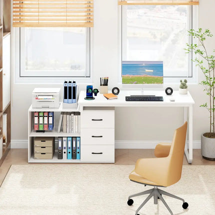 55 Inch Reversible L Shaped Desk with 3 Drawers Home Office Desk with Adjustable Shelf-White Costway