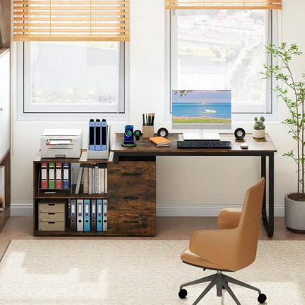 55 Inch Reversible L Shaped Desk with 3 Drawers Home Office Desk with Adjustable Shelf-Rustic Brown Costway