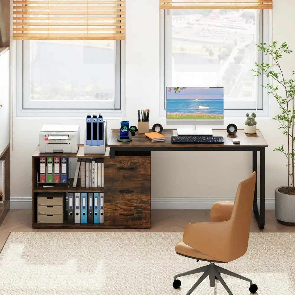 55 Inch Reversible L Shaped Desk with 3 Drawers Home Office Desk with Adjustable Shelf-Rustic Brown Costway