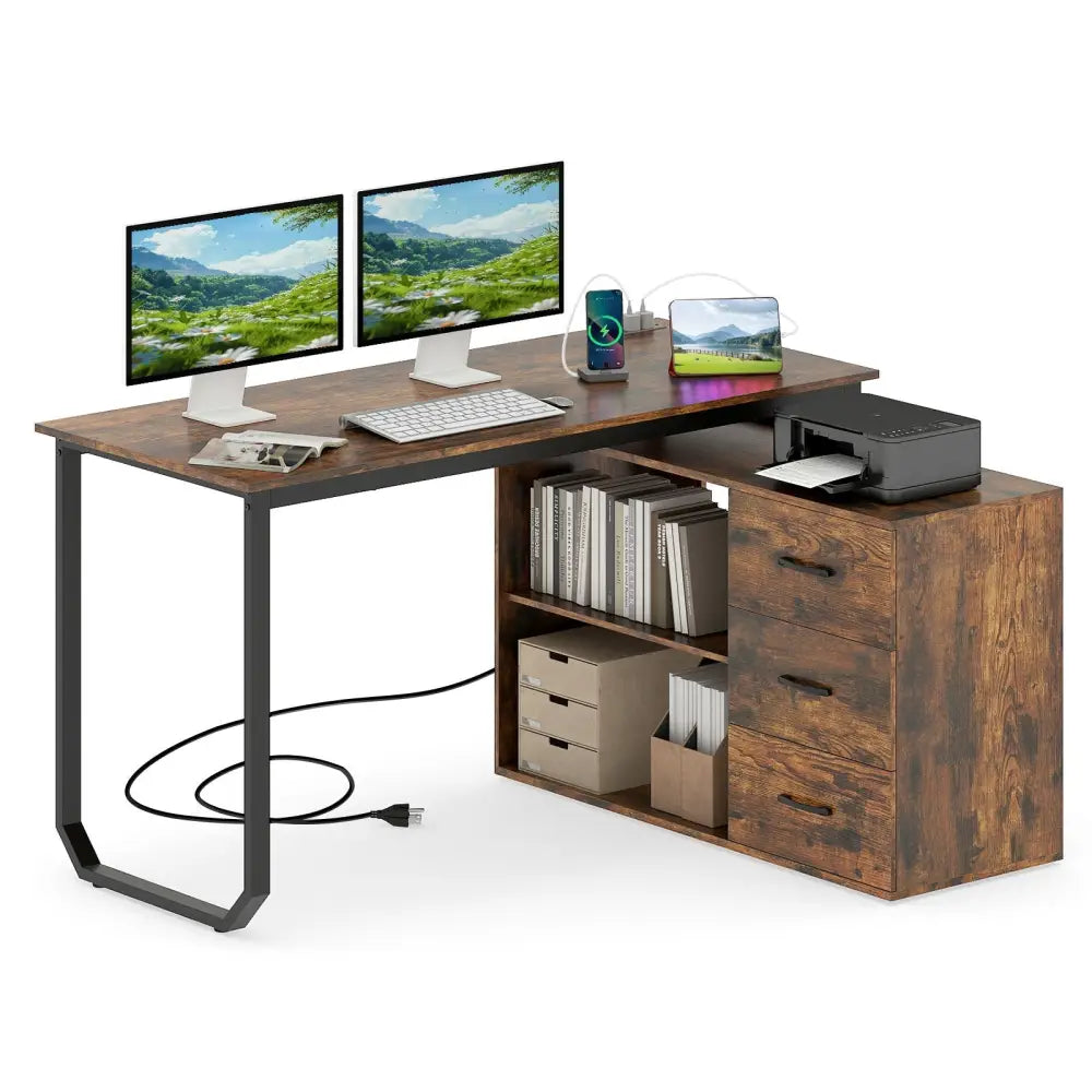55 Inch Reversible L Shaped Desk with 3 Drawers Home Office Desk with Adjustable Shelf-Rustic Brown Costway
