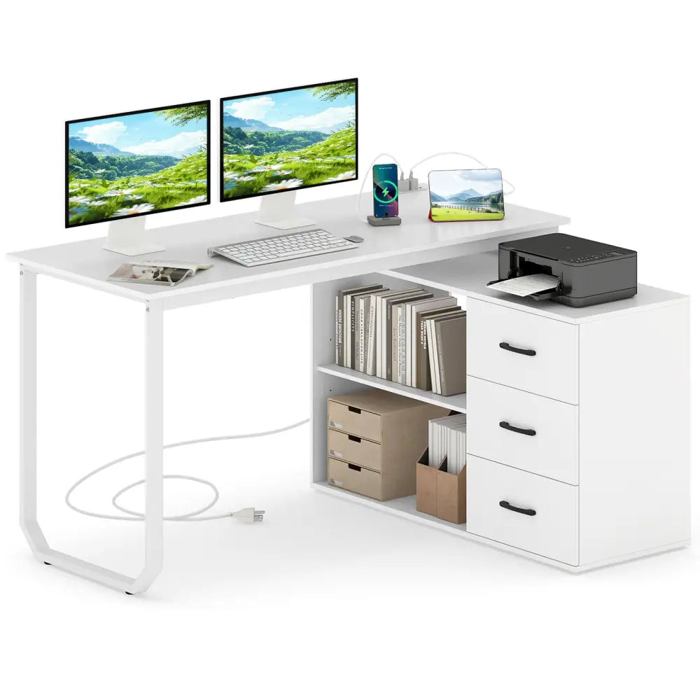 55 Inch Reversible L Shaped Desk with 3 Drawers Home Office Desk with Adjustable Shelf-White Costway
