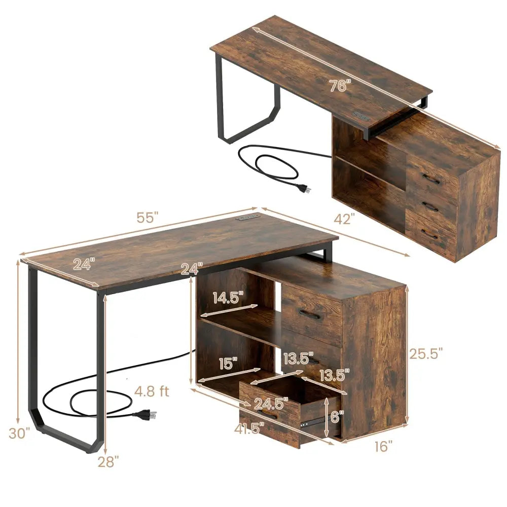 55 Inch Reversible L Shaped Desk with 3 Drawers Home Office Desk with Adjustable Shelf-Rustic Brown Costway