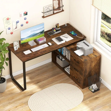 55 Inch Reversible L Shaped Desk with 3 Drawers Home Office Desk with Adjustable Shelf-Rustic Brown Costway