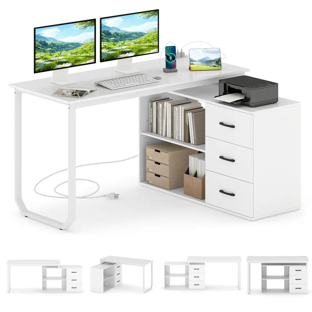 55 Inch Reversible L Shaped Desk with 3 Drawers Home Office Desk with Adjustable Shelf-White Costway