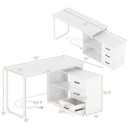 55 Inch Reversible L Shaped Desk with 3 Drawers Home Office Desk with Adjustable Shelf-White Costway