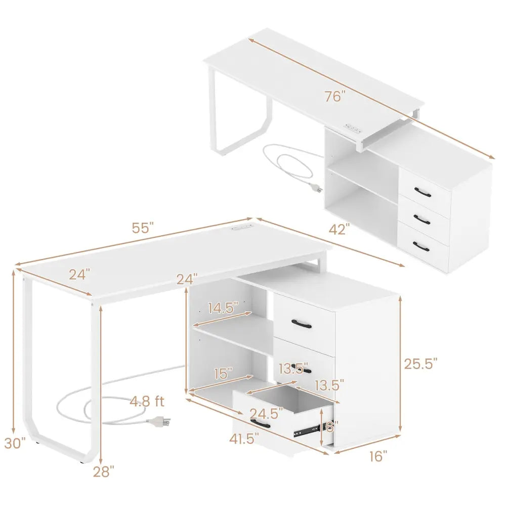 55 Inch Reversible L Shaped Desk with 3 Drawers Home Office Desk with Adjustable Shelf-White Costway