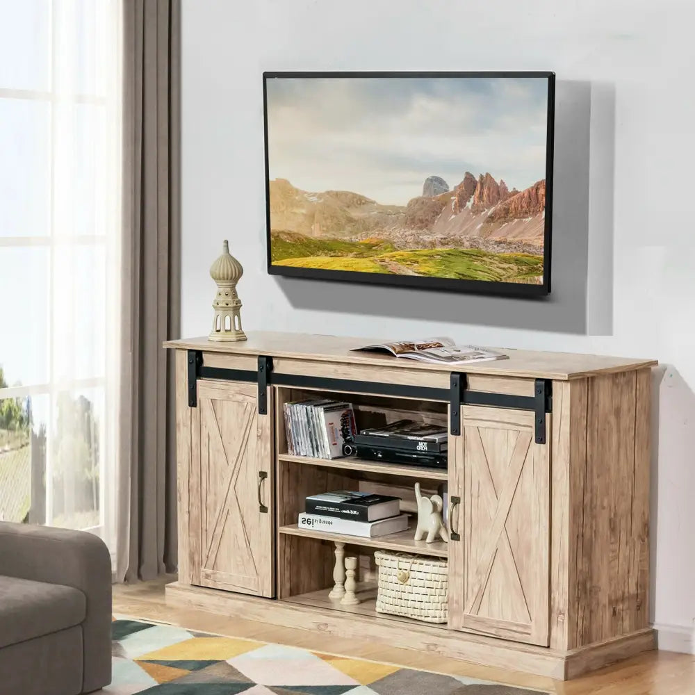 55 Inch Sliding Barn Door TV Stand with Adjustable Shelves for TVs up to 65 Inch-Natural - Natural - Entertainment