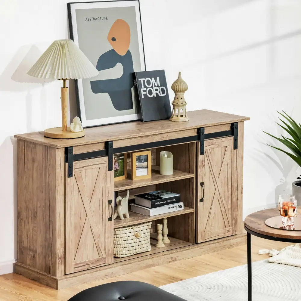 55 Inch Sliding Barn Door TV Stand with Adjustable Shelves for TVs up to 65 Inch-Natural - Natural - Entertainment
