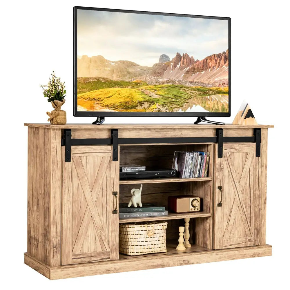 55 Inch Sliding Barn Door TV Stand with Adjustable Shelves for TVs up to 65 Inch-Natural - Natural - Entertainment