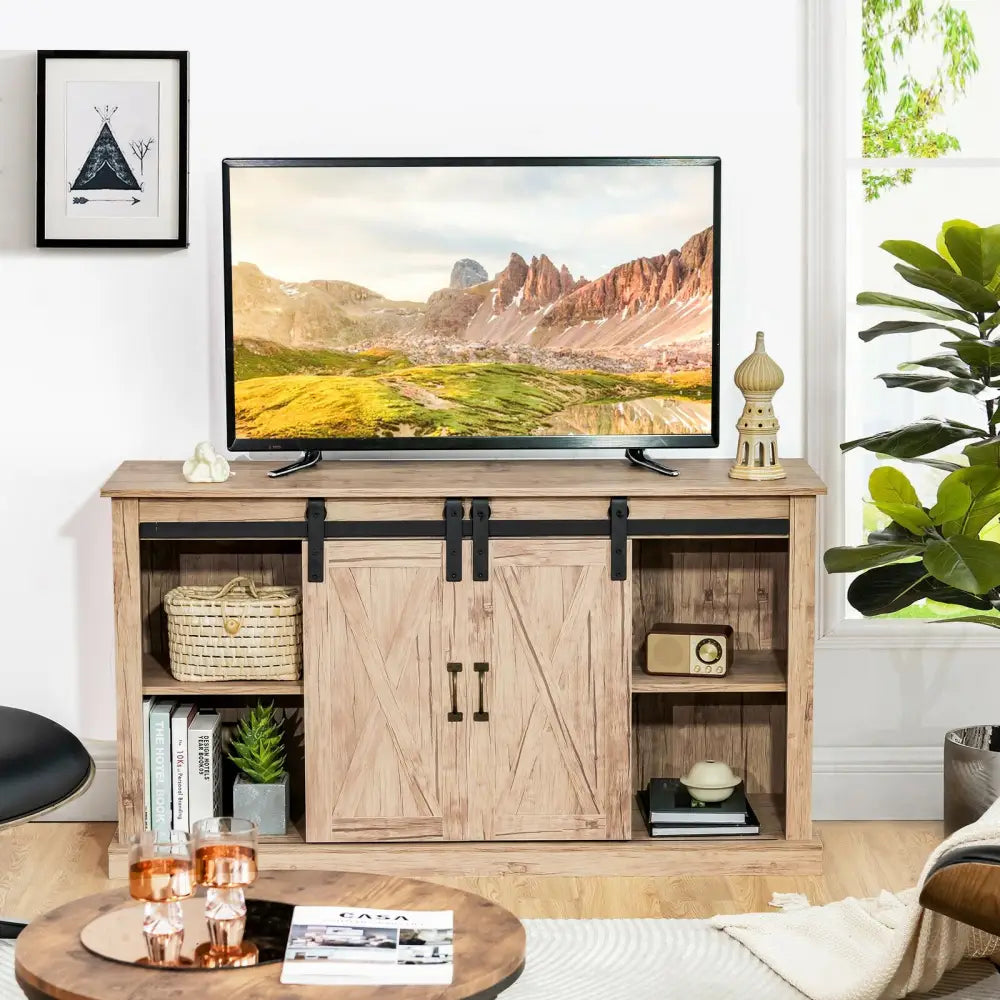 55 Inch Sliding Barn Door TV Stand with Adjustable Shelves for TVs up to 65 Inch-Natural - Natural - Entertainment