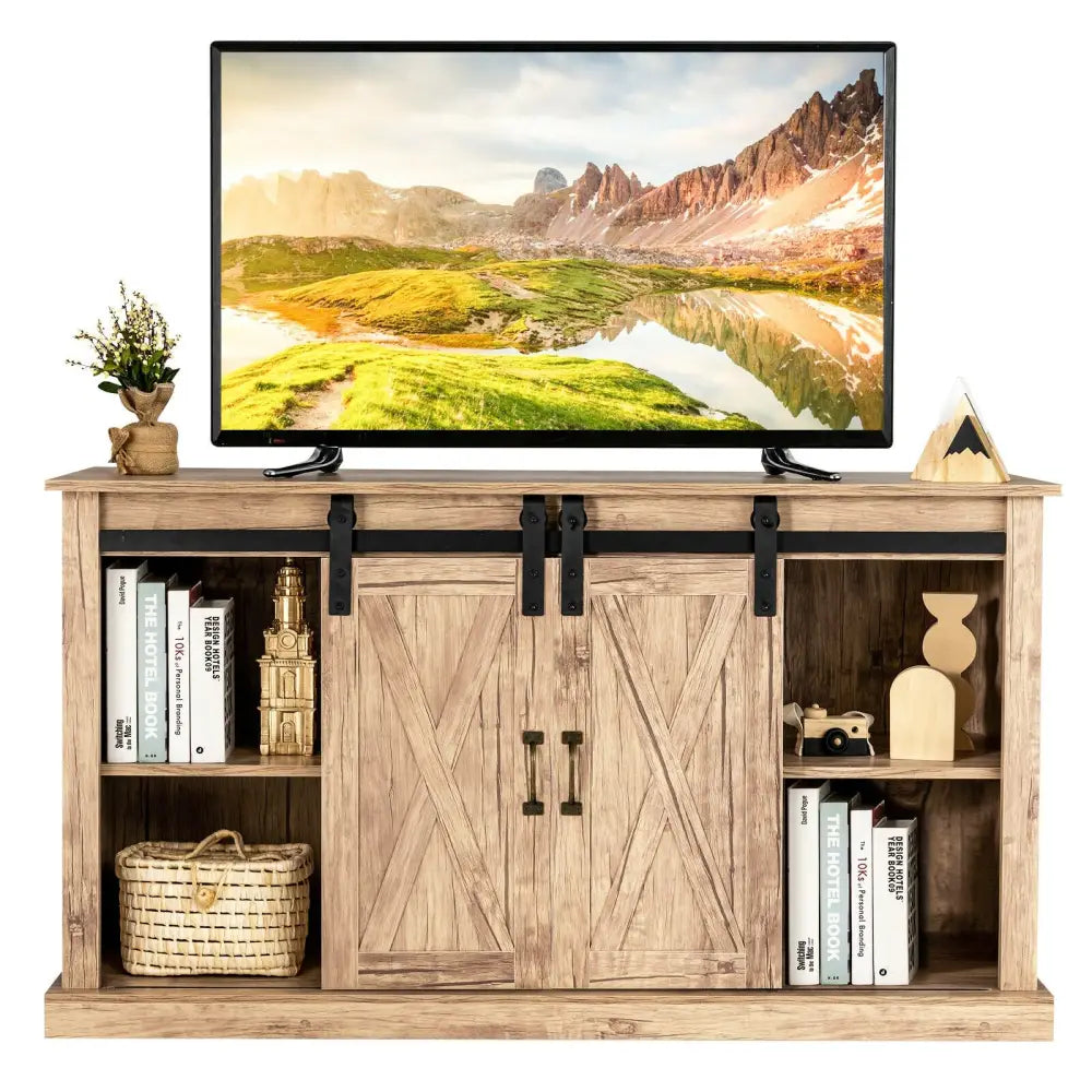55 Inch Sliding Barn Door TV Stand with Adjustable Shelves for TVs up to 65 Inch-Natural - Natural - Entertainment