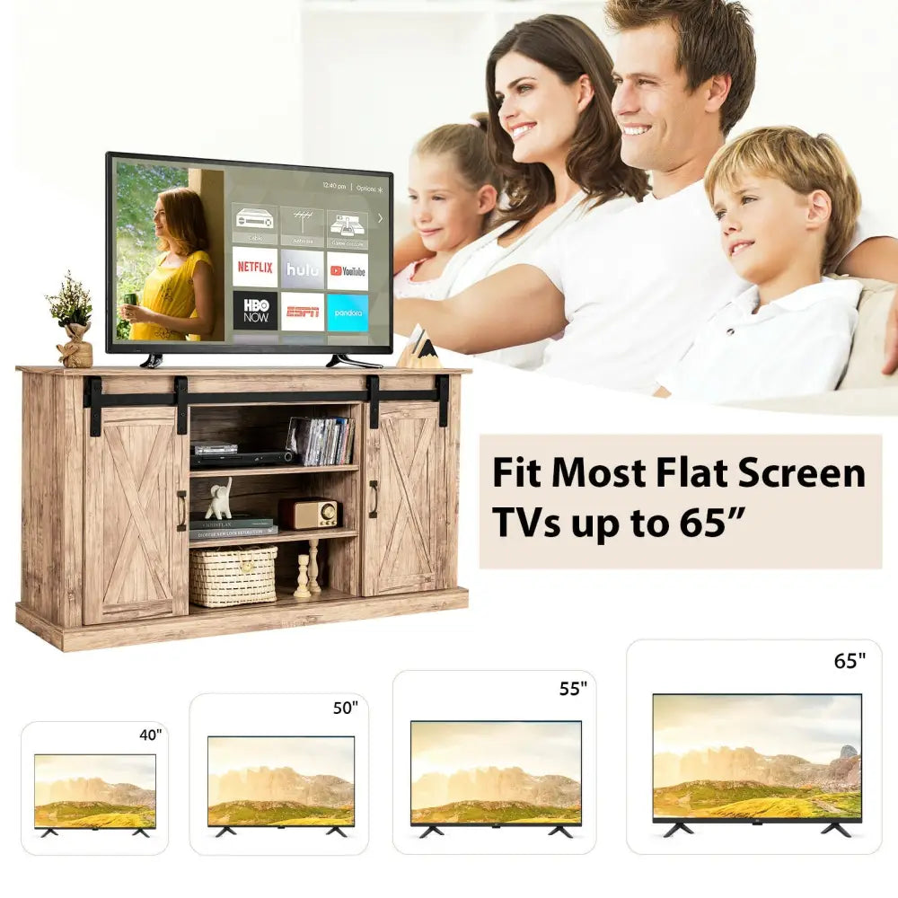 55 Inch Sliding Barn Door TV Stand with Adjustable Shelves for TVs up to 65 Inch-Natural - Natural - Entertainment